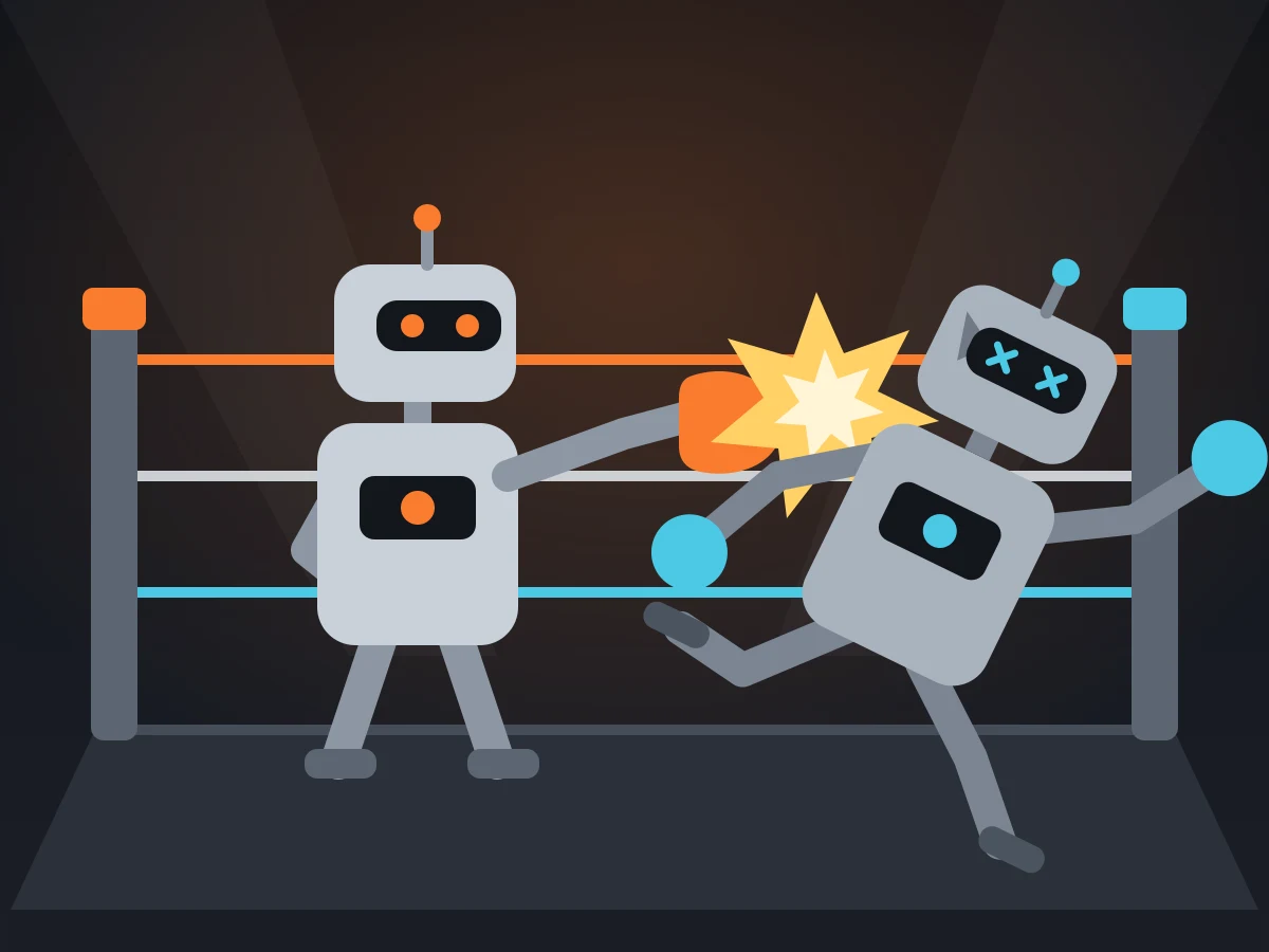 Original cartoon illustration of one robot punching another off balance in a boxing ring